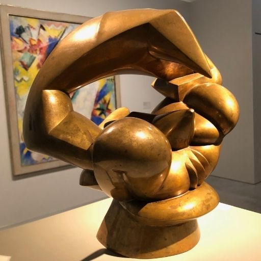 Abstract bronze sculpture composed of interlocking curved forms, displayed inside the Neue Nationalgalerie in Berlin.