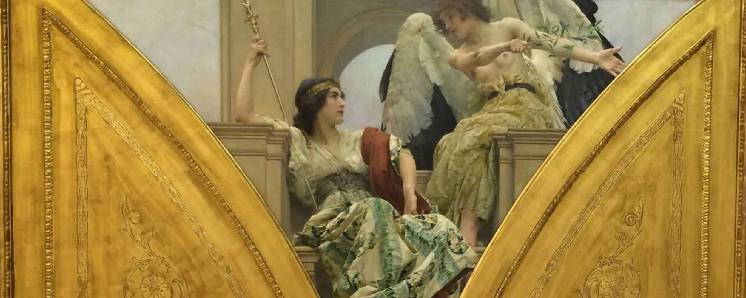 Vojtěch Hynais’ Power and Progress, decorative mural panel featuring an allegorical female figure and an angel, framed in ornate gilded architectural forms. National Gallery Prague