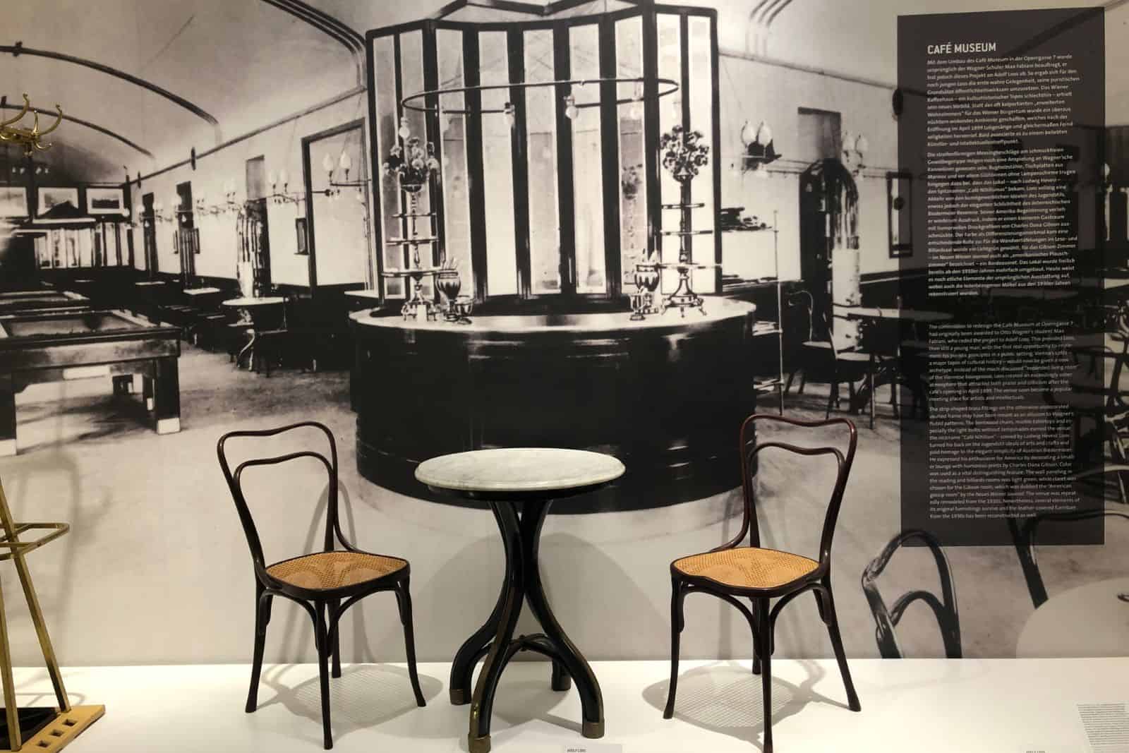 Exhibit at the Leopold Museum featuring interior and furniture design from the Café Museum in Vienna