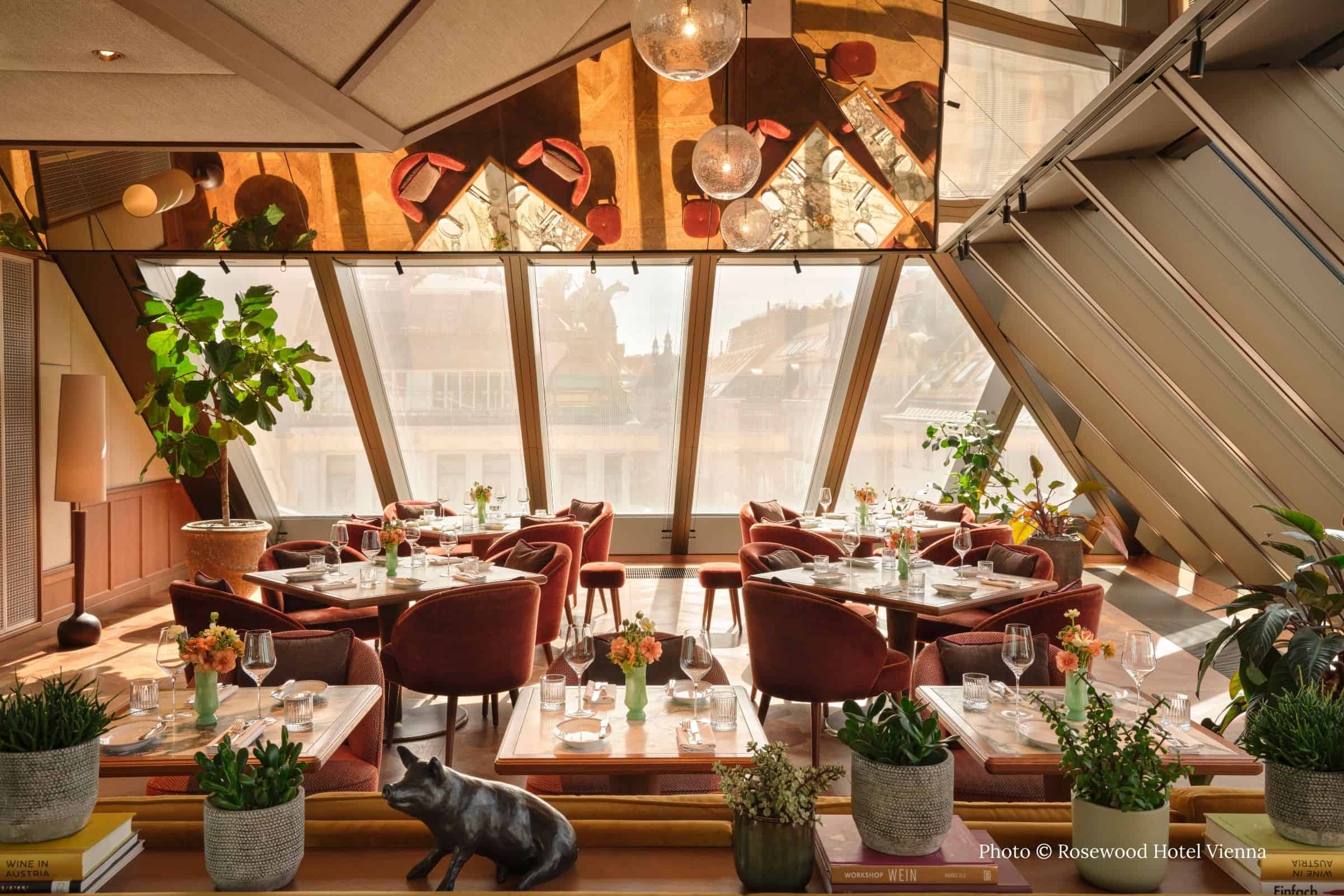 Sunlit dining room at Neue Hoheit Restaurant in Vienna’s Rosewood Hotel, featuring angled glass windows, warm wood tables, terracotta-toned chairs, and abundant indoor plants