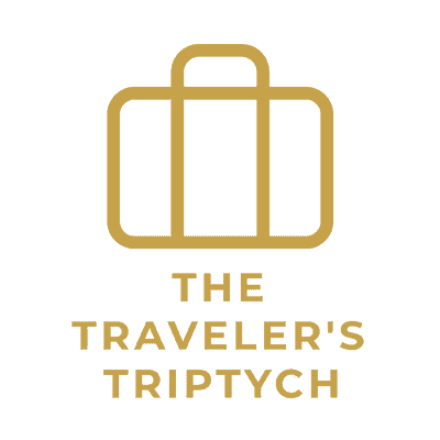 The Traveler’s Triptych logo featuring a stylized gold suitcase