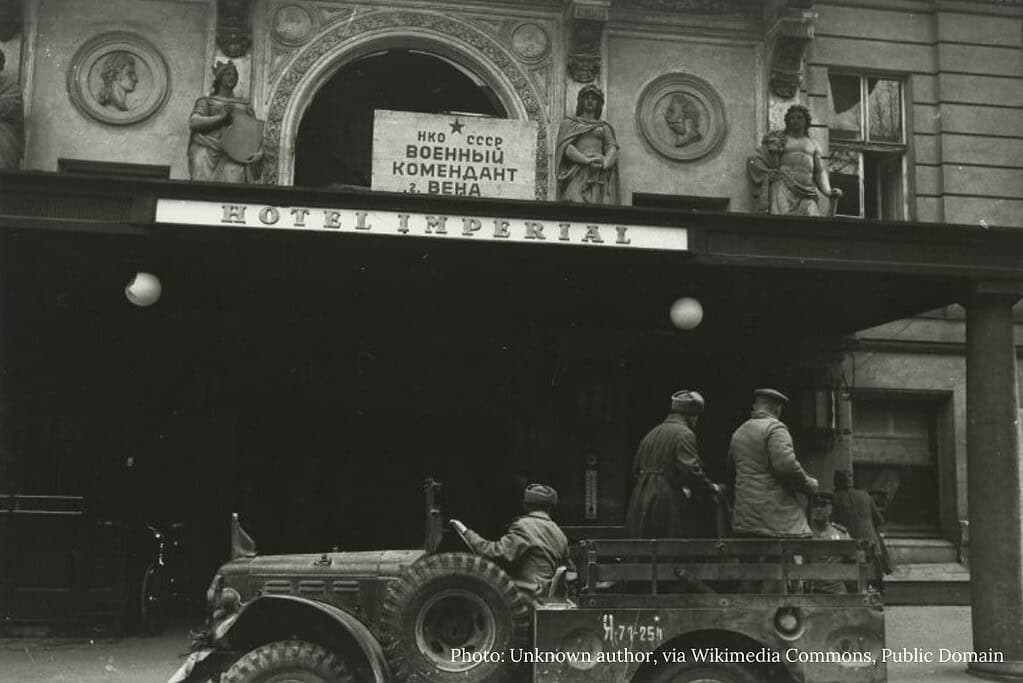 Soviet soldiers outside Hotel Imperial Vienna during Allied occupation in 1945