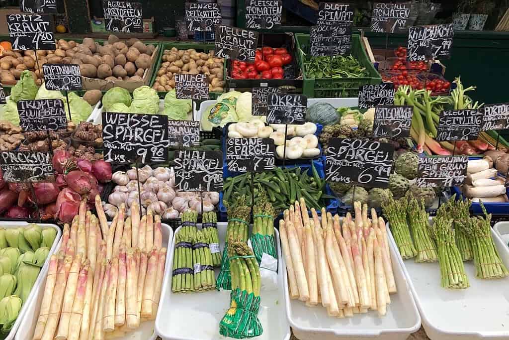 Fresh white and green asparagus, spring onions, and rhubarb displayed at Vienna’s Naschmarkt during the spring season