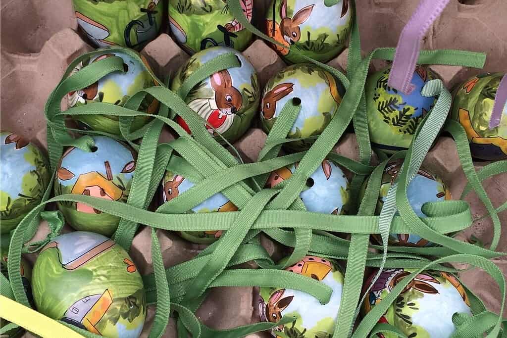 Hollowed and hand-painted Easter eggs with rabbit motifs at the Freyung Easter Market in Vienna