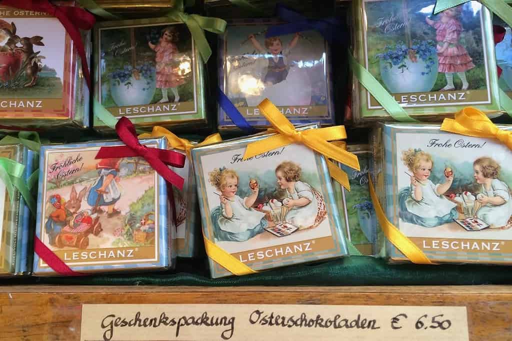 Vintage-style Easter chocolates at Leschanz Wiener Schokolade König in Vienna, decorated with colorful ribbons