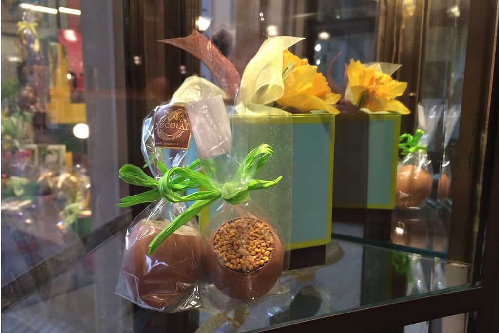 Easter chocolate eggs displayed in the window of Xocolat at the Freyung Passage in Vienna
