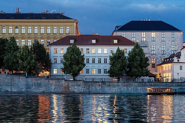 The Four Seasons Hotel Prauge view over the Vlatava River at dusk