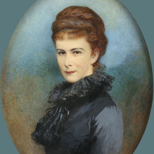 Portrait of Empress Elisabeth of Austria in later life wearing a high-necked black dress with lace trim
