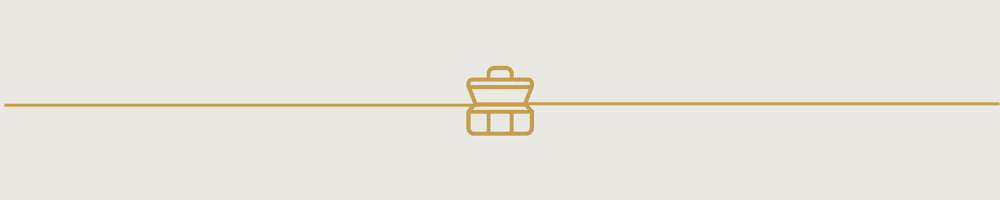 Designed footer element featuring an open version of the Traveler's Triptych's stylized suitcase logo centered in a thin gold line