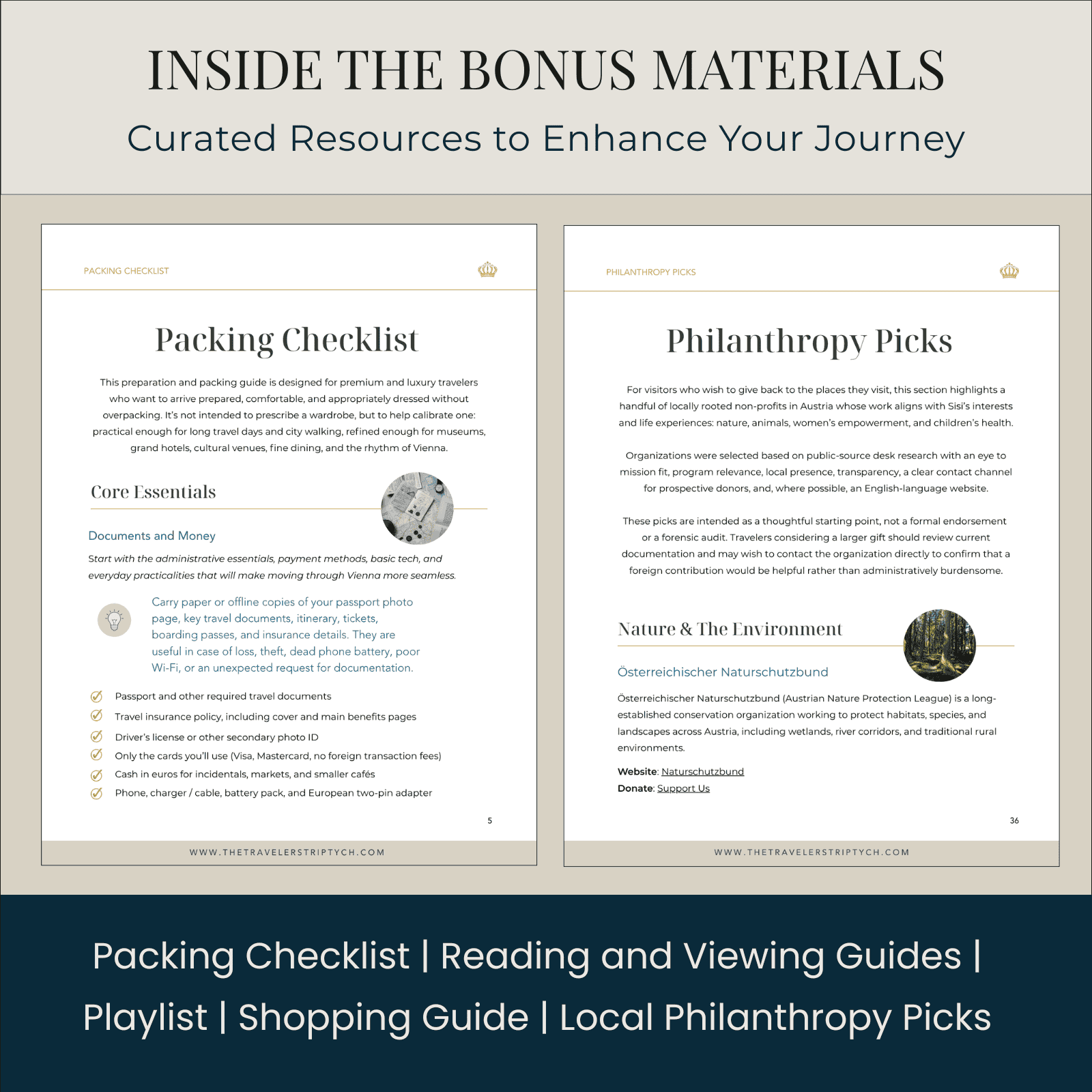 What's inside the bonus materials, including sample pages of the tailored packing list and local philanthropy picks