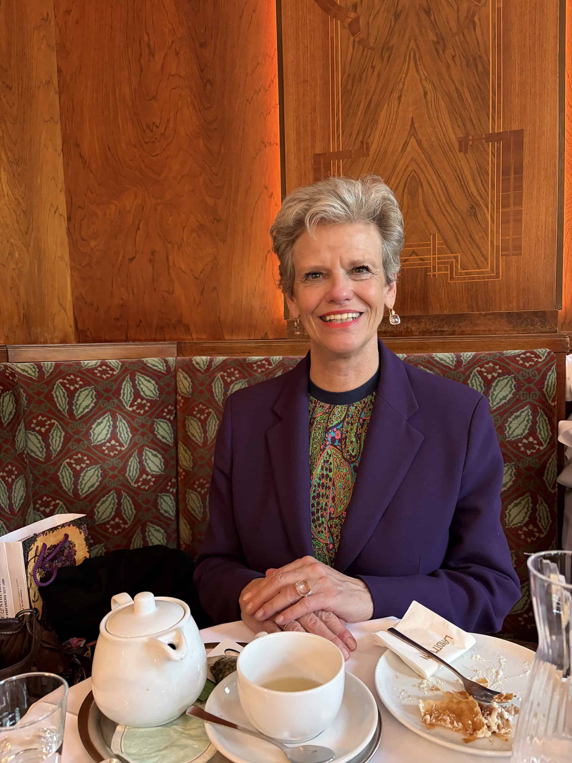 Dr. Sabine Haag, former Director General of the Kunsthistorisches Museum, enjoys tea and strudel at Café Landtmann in Vienna, Austria