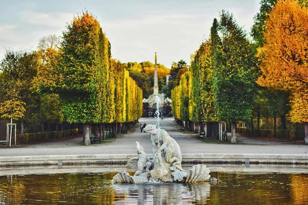 Naiad Fountain in the Schönbrunn Palace gardens framed by formal avenues and golden autumn foliage
