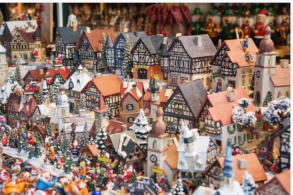 Ceramic houses arranged as a village at a Christmas market in Vienna, Austria