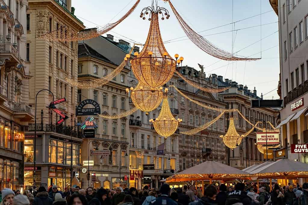 Chandelier-shaped Christmas lights hung along the Graben pedestrian street in Vienna, Austria