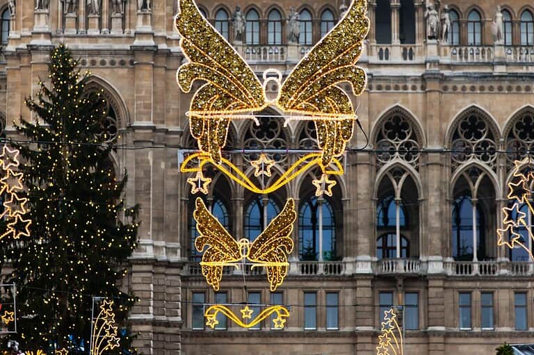 Gold and white lights at the Christmas Market in front of the Rathaus in Vienna, Austria