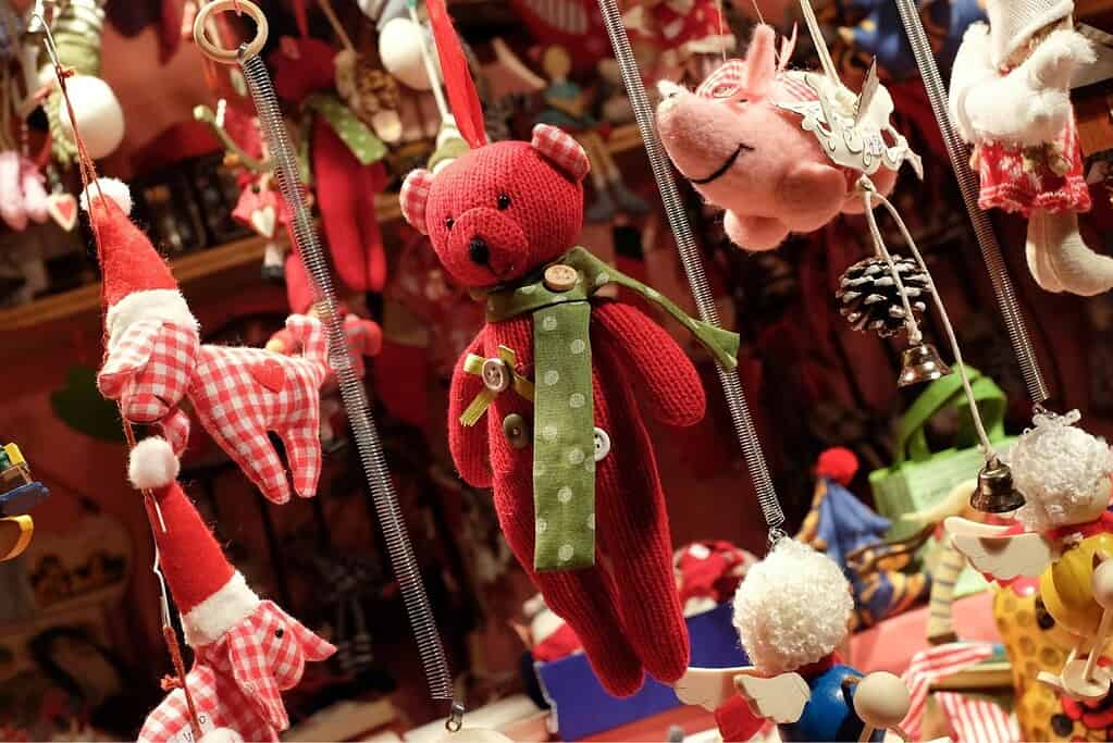 Red teddy bear and other stuffed animals at Vienna Christmas Market